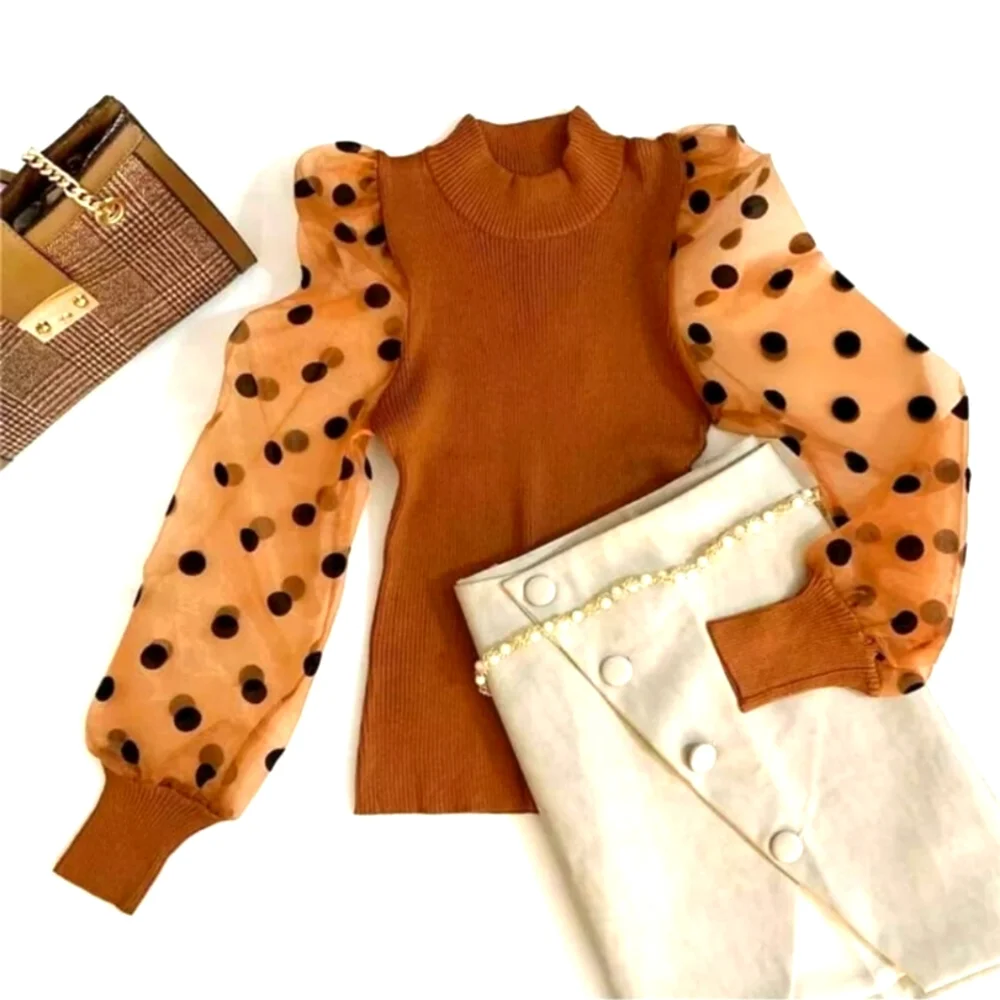 Bronze Mesh Polka Dot Patchwork Puff Bishop Sleeve Fitted Top - Picture 3 of 6